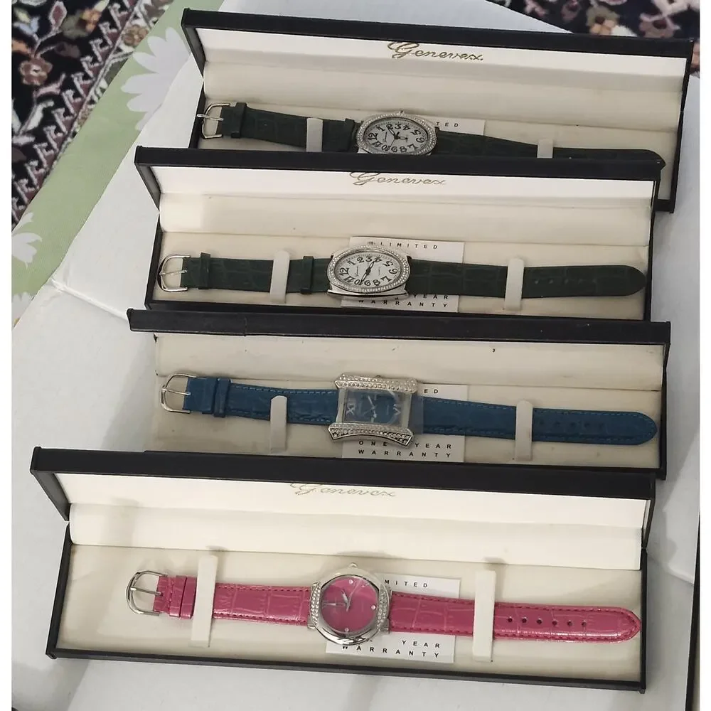 Vintage Genevex Womens Watch Lot 14 Boxed Quartz Colorful Leather Strap Set
